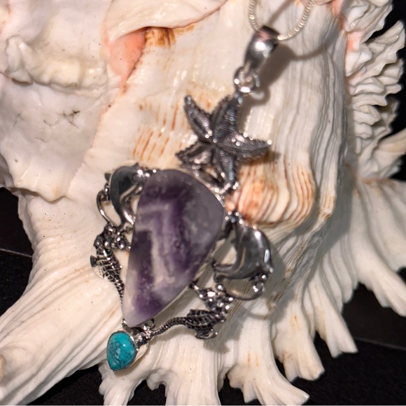 Chevron Amethyst +  Santa Rosa Turquoise + Starfish + Dolphin statement Pendant - Picture 5 of 8